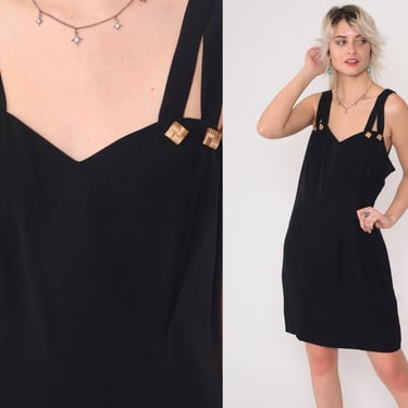 Black Strappy Dress 90s Sweetheart Neckline Mini Cocktail Party Sheath 1990s Going Out Dress Vintage Sleeveless Princess Seam Small 6 
