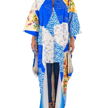 Blue Kimono With Gold Flower Garden Scene 