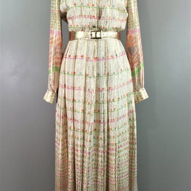 1970 - MARITA by Anthony Muto - Gold Lame - Pink Stripe - Hostess Gown - Shirtwaist - Estimated size 4/6 - Lord and Taylor retail 