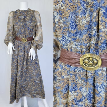 1970's/80's Navy Blue Tan Art Nouveau Floral Print Poly Chiffon Maxi Dress I Sz Lrg 