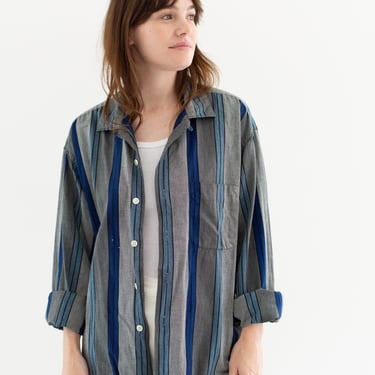 Vintage Blue Grey Stripe Button up Shirt | Unisex Cotton blouse | L XL | 