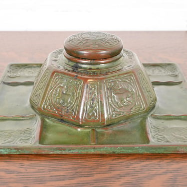 Tiffany Studios New York Zodiac Bronze Partner&#8217;s Inkwell With Desk Tray