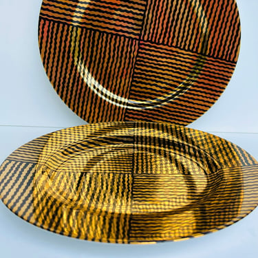 Vintage 1970s Modern Pair Gold Black Geometric Pattern Op Art Optic Fitz & Floyd Japan Kiva Fine Porcelain Plates 