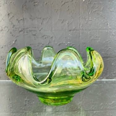 Green Glass Scalloped Edge Bowl