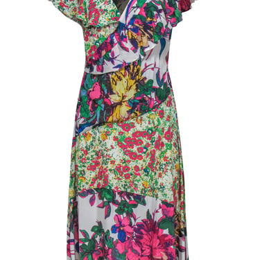 Tracy Reese - Mixed Floral Multicolor Faux Wrap Dress w/ Ruffles Sz M