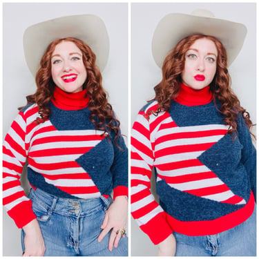 1990s Vintage Mountain Lake Americana Sweater / 90s Red White Blue Striped Star Ramie Cotton Jumper / Medium 