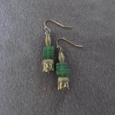 Buddha earrings, green and bronze earrings 