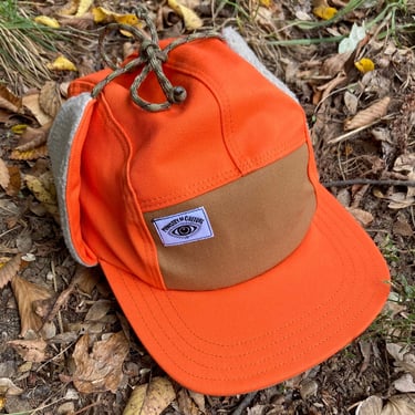 Blaze Orange Ear Flap Hat, Handmade 5 Panel Camp Hat, Winter Baseball Cap, Moldable Brim five panel hat, Snap Back ball cap, gift for him 