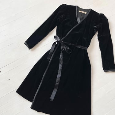 1980s Yves Saint Laurent Black Velveteen Wrap Dress 