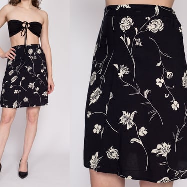 90s Black Floral Mini Skirt - Medium | Vintage Grunge High Waisted A Line Slip Miniskirt 