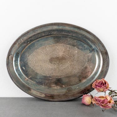 Small Oval Silverplate Tray with Patina, Vanity Tray, Valet Tray, Jewelry Holder, Vintage Serveware 