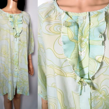 Vintage 60s Pucci Style Psychedelic Print Lightweight Button Front Nightgown Mini Dress Size L 