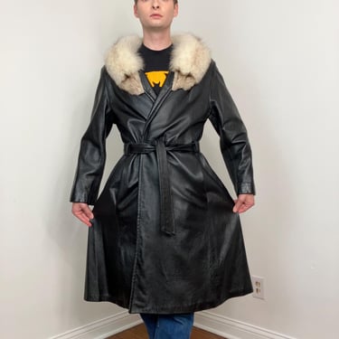 70s Black leather wrap coat with fox fur trim 