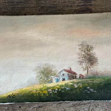 Vintage oil painting on canvas, house on hill 