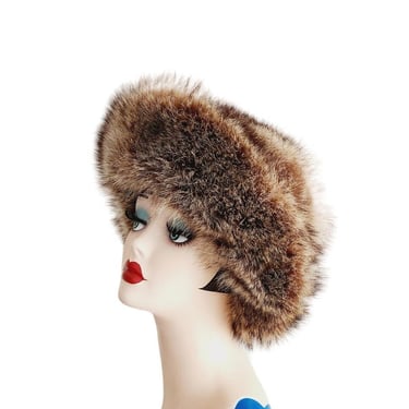 Vintage 70s Fox Fur Hat Brown Gray 