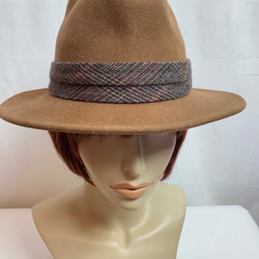 Vintage fedora hat ~felted wool English countryman stylish brown hat with plaid wool band ~ gender neutral stylish unisex 