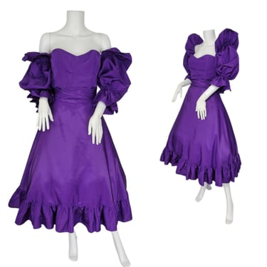 1980's Strapless Purple Acetate Full Skirt Prairie Dress with Detachable Sleeve I Sz Sm 