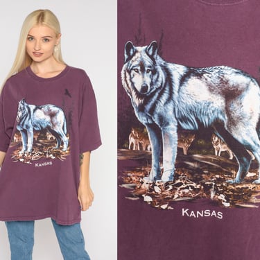 Kansas Wolf T Shirt Y2K Wild Animal Tshirt Purple Wildlife Nature Graphic Tee Retro T-shirt Streetwear Vintage 00s Cotton Extra Large xl 