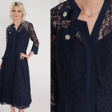 50s Lace Dress Navy Blue Midi Dress Fifties Party Cocktail Floral Rhinestone Brooch Long Sleeve Pin Up Costume Grade Vintage 1950s Medium 