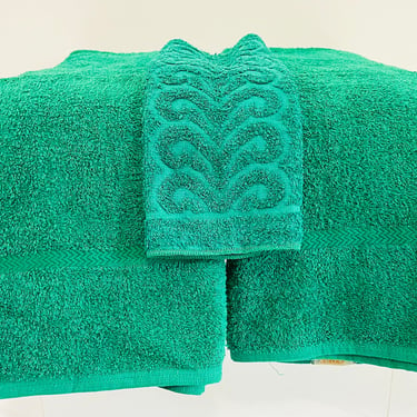 Vintage 1970s MCM Retro Green Bath Towels Set Cannon Cone Damask 3pcs 