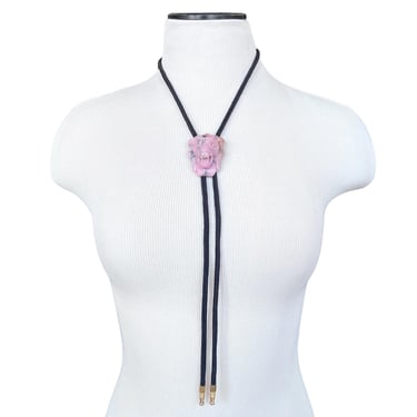 Carved Pink Marble Lion Head Bolo Tie, Vintage Costume Jewelry, 70s Jewelry, Lion Necklace, Southwest Jewelry, Astrological Leo Lion Gift 
