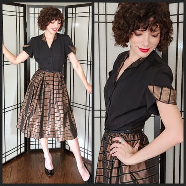50s Party Dress Copper & Black, Striped Skirt, Shirtwaist Laura Lee 