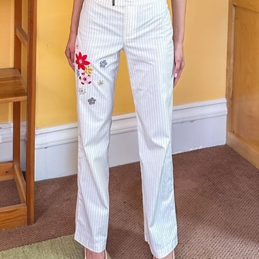 Moschino White Pinstriped Embroidered Pants (S-M)