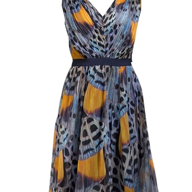 Mathew Williamson - Blue & Yellow Butterfly Print Pleated Bodice Dress Sz 8