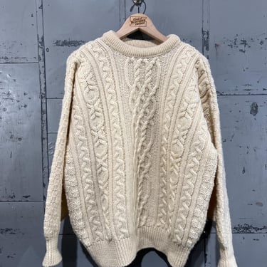 Vintage M 80’s Cream Wool fisherman sweater cable knit made in Ireland oversized warm winter sweater 