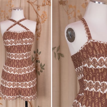 1950s Bathing Suit - Vintage 50s Cole of California Brown and White Tiki Print Playsuit 