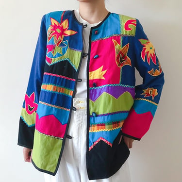 vintage jacket patchwork jacket floral embellished wearable art rainbow patched jacket boho embroidered 90s Y2K vintage blazer size S/M 