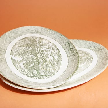 Set of 2 Vintage 70s Beige Green Painting Forest Print Large Ceramic Plates 