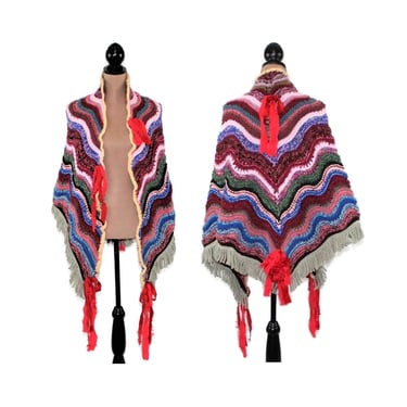 Unique Colorful Heavy Knitted Triangle Shawl with Fringe - Hippie Granny Scrap Striped Warm Festival Clothes Hand Knit Made in the USA 