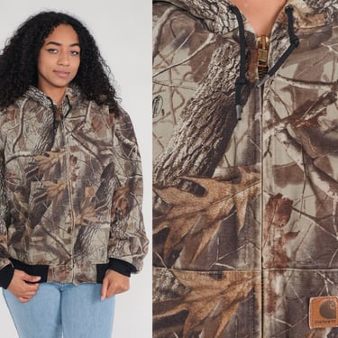 Realtree Carhartt Jacket Hardwoods Hooded Jacket Camo Hunting Jacket Hoodie Camouflage Hood Coat Vintage Workwear Work Wear Large L 