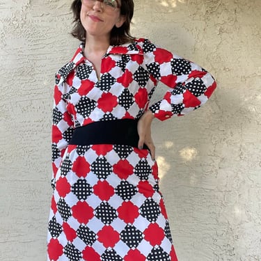 70s geometric red and black long sleeve dress by Mr Spectator 