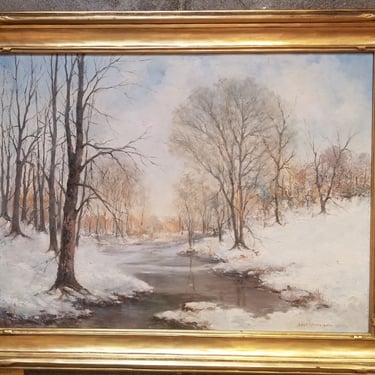 1920's Winter Scene Oil Painting by Leo L. Schnitzspahn New York 