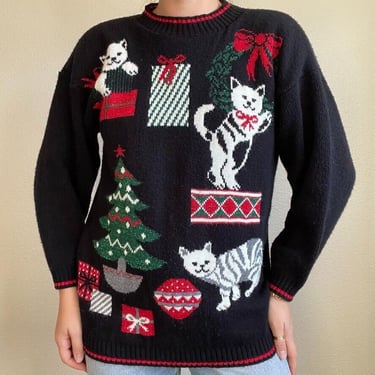Vintage Womens 80s Private Eyes Cat Christmas Theme Novelty Ugly Sweater Sz L 