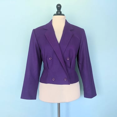 Vintage 80s Cropped Purple Wool Suit Blazer, 1980s Double Breasted Tailored Fitted Jacket 
