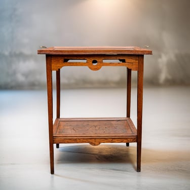 Arts and Crafts Side Table with Carved Details, Brass Handles and Removable Oak Trays – Art Nouveau Style 