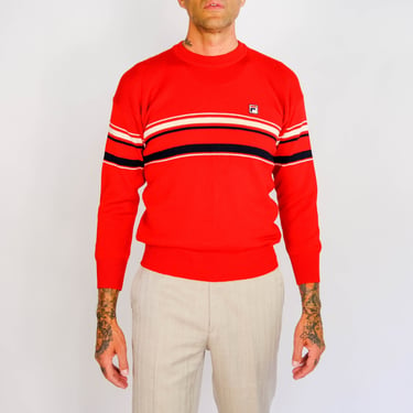 Vintage 70s FILA Red Striped Pullover Logo Patch Knit Sweater | Made in Italy | Hip Hop, Streetwear, Tennis | 1970s 1980s Designer Sweater 
