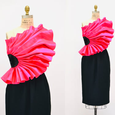 80s 90s Vintage Pink Black Ruffle Party Dress XS Small Black Pink Avante Garde one shoulder Flower Dress // 80s Vintage Pink Black Dress XS 