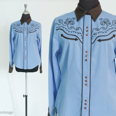 1950s Western Blue Snap Front Shirt | 50s Blue Western Shirt | Roper | Medium 