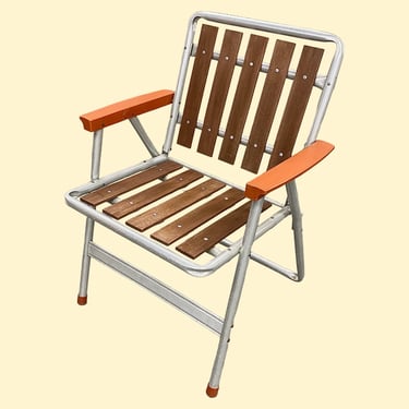 Vintage Lawn Chair Retro 1960s Mid Century Modern + Silver Aluminum Frame + Redwood Slatted + Folds Up + Outdoor + Camping Seating + Patio 
