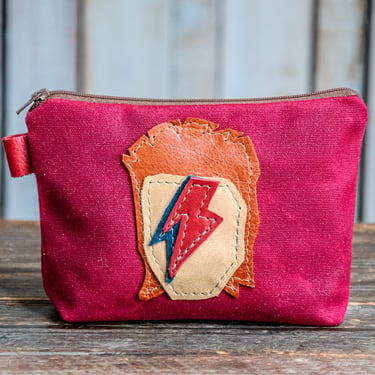 Handmade Waxed Canvas Zipper Pouch | Ziggy Stardust | Leather Applique | Made in the USA 
