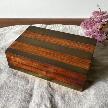 Vintage Solid Wood Lidded Jewelry Box w Brass Inlay | Made in India | Key Card Holder | Home Office Dressing Room Decor | Storage Organizer 