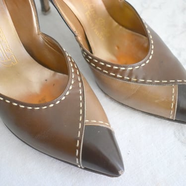 1960s De Liso Debs Brown Colorblocked Leather Stilettos, Size 7.5AA 