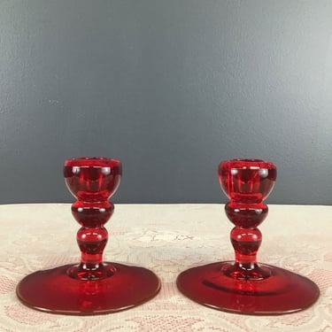 Pr Ruby Art Glass Candlesticks (Seattle)