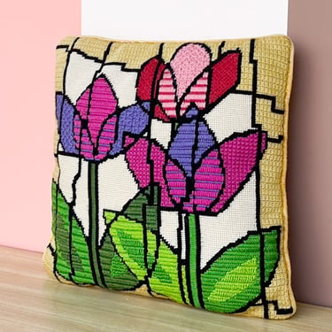 Pink and Purple Flower Needlepoint Pillow