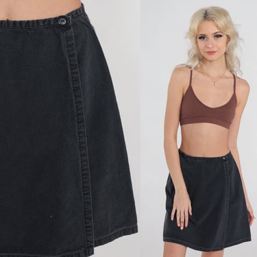 Black Cotton Skort 90s Jean Mini Skirt Shorts High Waisted Denim Miniskirt Retro Wrap Skirt Basic Streetwear Simple Vintage 1990s Medium 8 