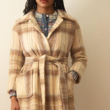 1970s Saks Fifth Avenue Plaid Mohair Wrap Coat 